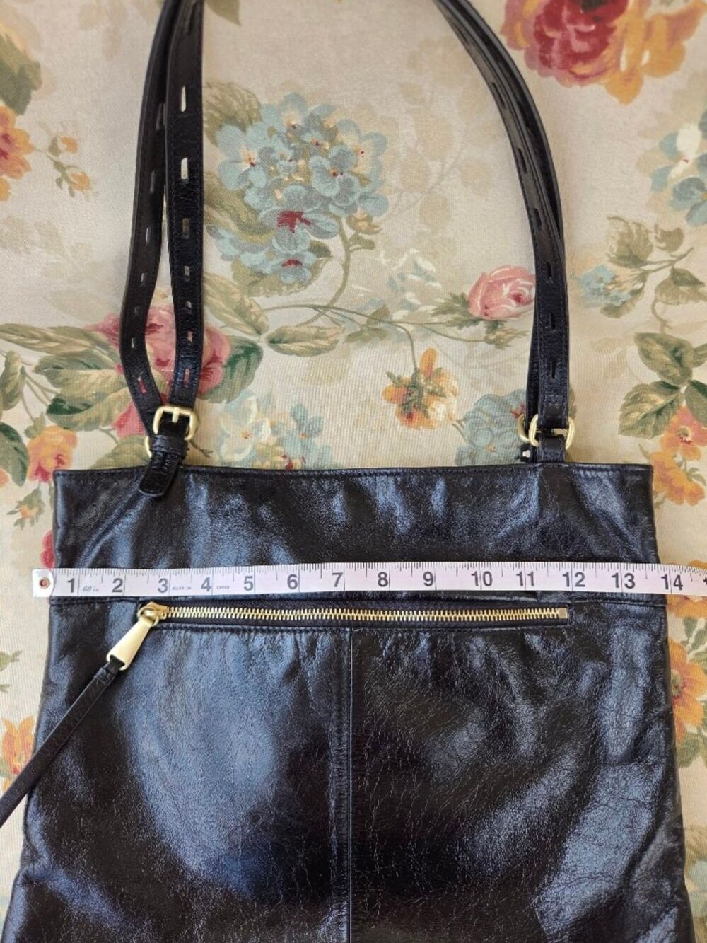 HOBO Black Polished Leather Shoulder Tote Bag with Brass Hardware - Picture 11 of 16